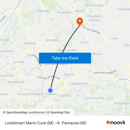 Lodelinsart Marie Curie (M) to Parnasse-ISEI map