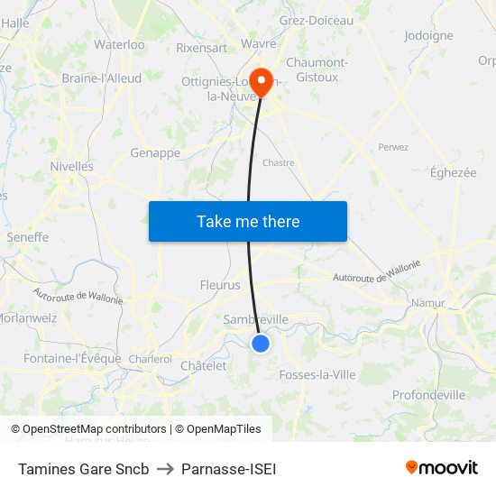 Tamines Gare Sncb to Parnasse-ISEI map