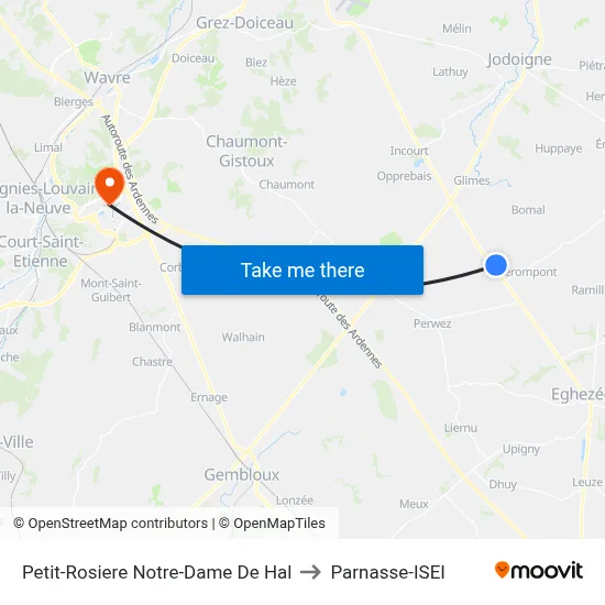 Petit-Rosiere Notre-Dame De Hal to Parnasse-ISEI map