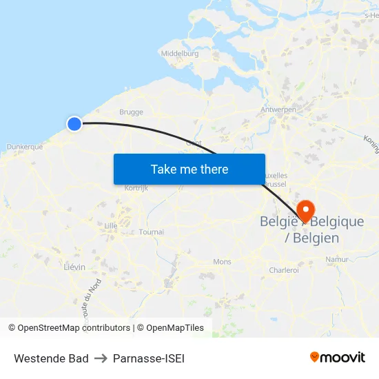 Westende Beach to Parnasse-ISEI map
