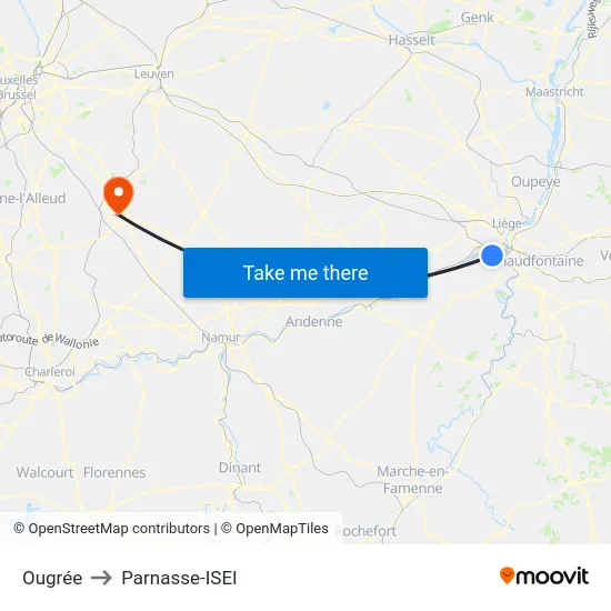 Ougrée to Parnasse-ISEI map