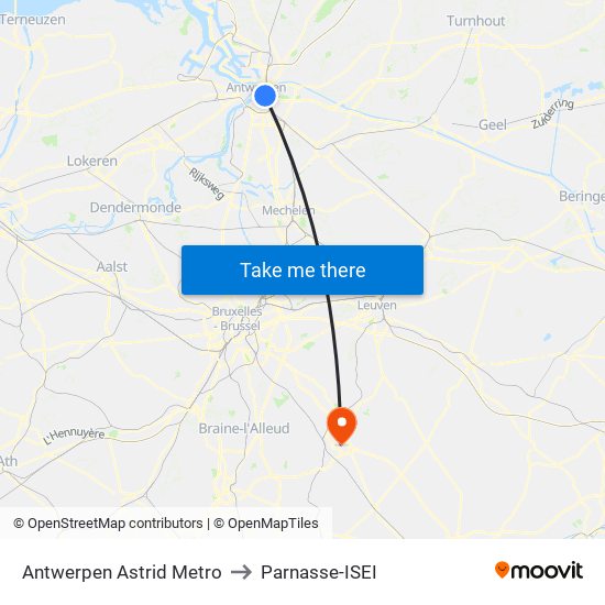 Antwerpen Astrid Metro to Parnasse-ISEI map