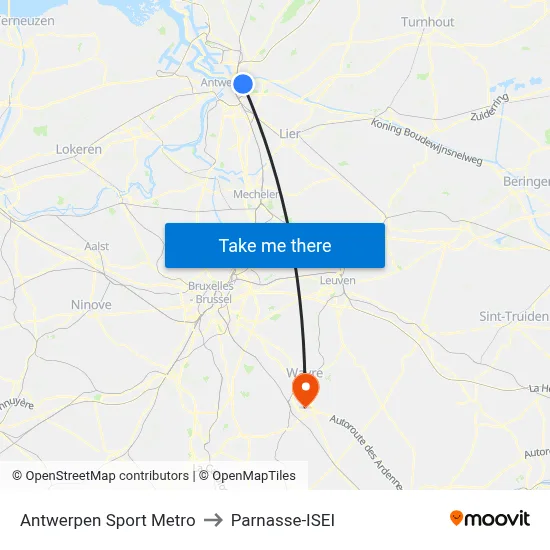 Antwerpen Sport Metro to Parnasse-ISEI map