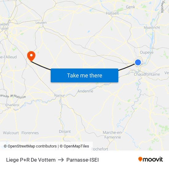 Liege P+R De Vottem to Parnasse-ISEI map