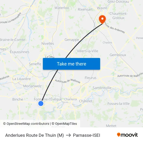 Anderlues Thuin Road (M) to Parnasse-ISEI map