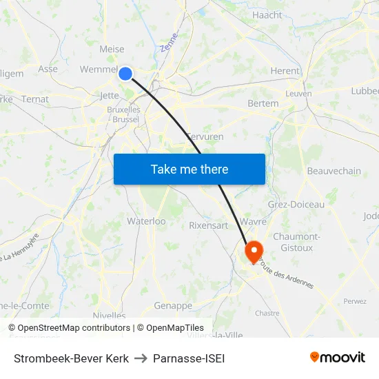 Strombeek-Bever Church to Parnasse-ISEI map