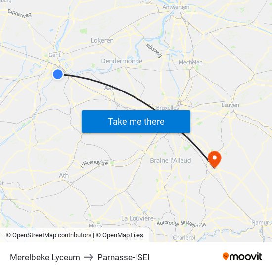 Merelbeke Lyceum to Parnasse-ISEI map