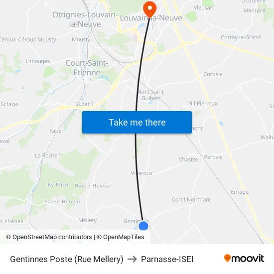 Gentinnes Poste (Rue Mellery) to Parnasse-ISEI map