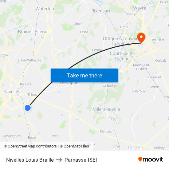 Nivelles Louis Braille to Parnasse-ISEI map