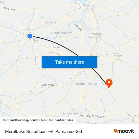 Merelbeke Benoitlaan to Parnasse-ISEI map