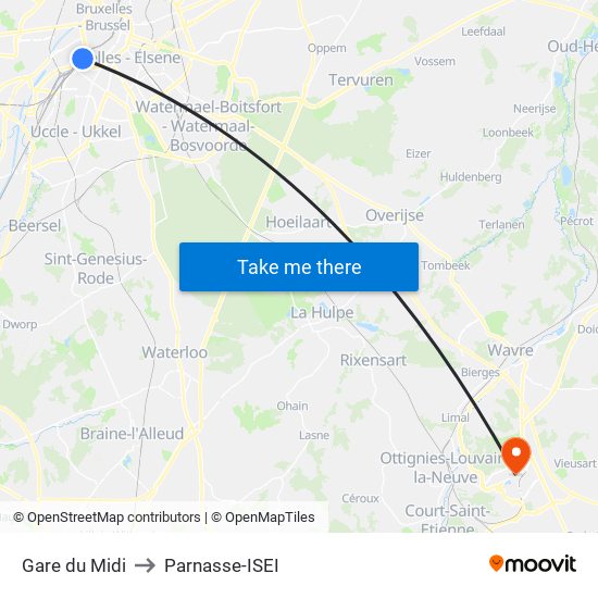 Gare du Midi to Parnasse-ISEI map