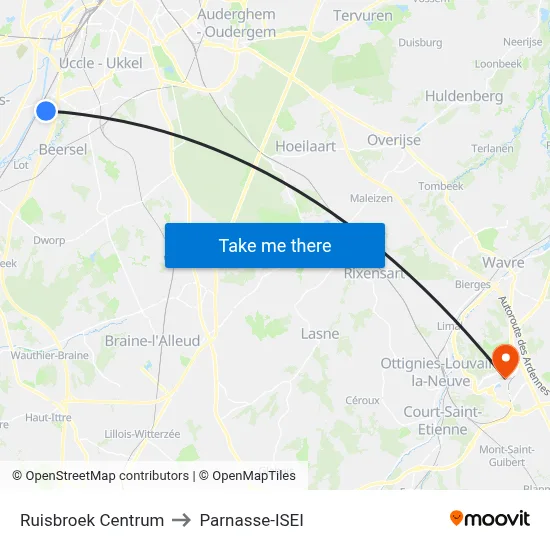 Ruisbroek Centrum to Parnasse-ISEI map