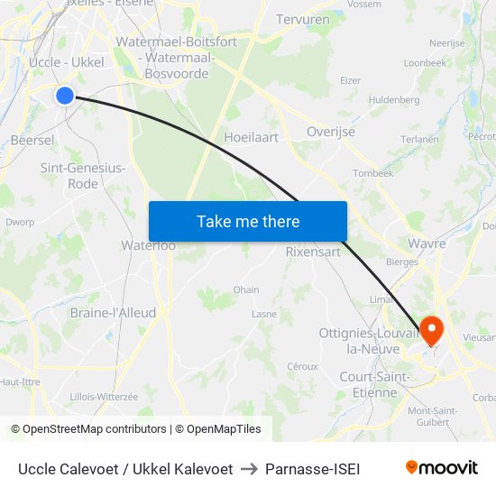 Uccle Calevoet / Ukkel Kalevoet to Parnasse-ISEI map