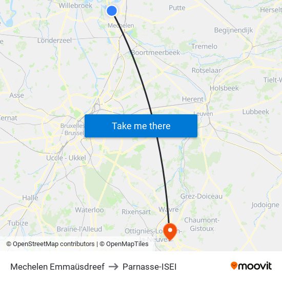 Mechelen Emmaüsdreef to Parnasse-ISEI map