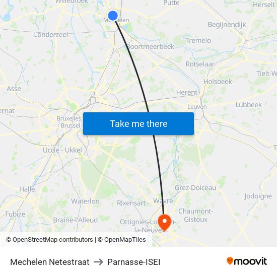 Mechelen Netestraat to Parnasse-ISEI map