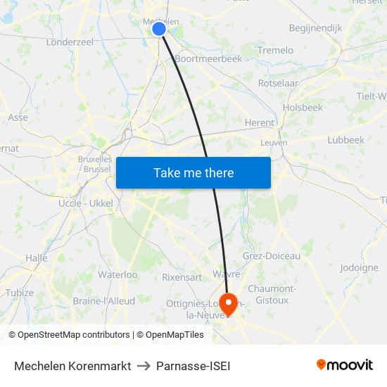 Mechelen Korenmarkt to Parnasse-ISEI map