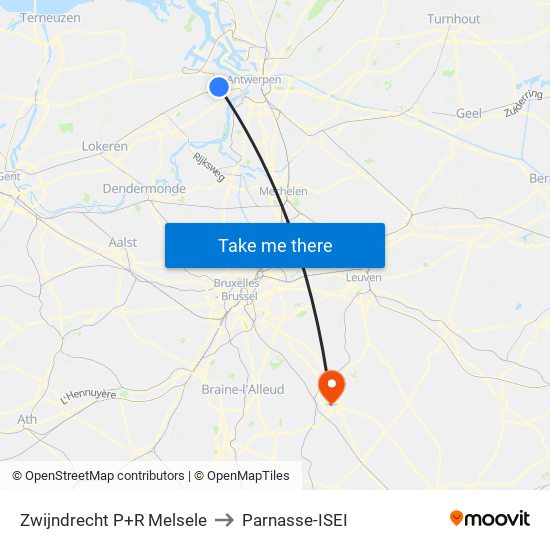 Zwijndrecht P+R Melsele to Parnasse-ISEI map