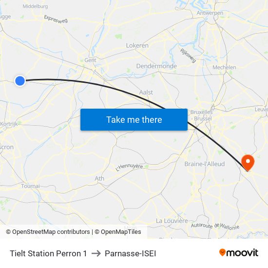 Tielt Station Perron 1 to Parnasse-ISEI map