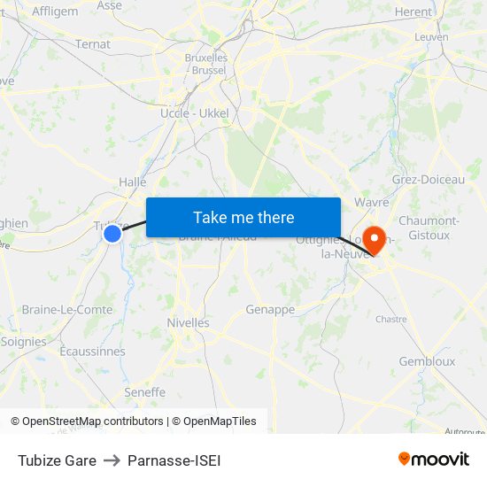 Tubize Gare to Parnasse-ISEI map