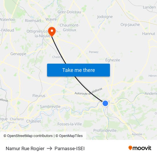 Namur Rue Rogier to Parnasse-ISEI map