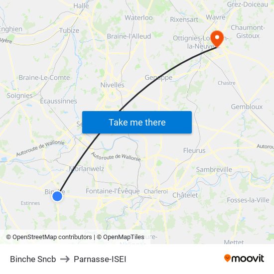 Binche Sncb to Parnasse-ISEI map