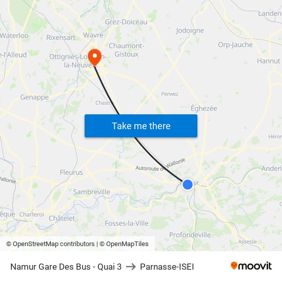 Namur Gare Des Bus - Quai 3 to Parnasse-ISEI map