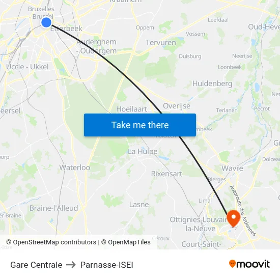 Gare Centrale to Parnasse-ISEI map