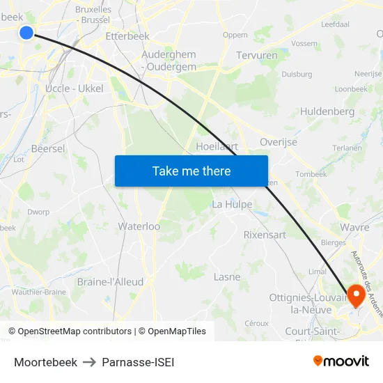 Moortebeek to Parnasse-ISEI map