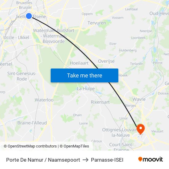 Porte De Namur / Naamsepoort to Parnasse-ISEI map
