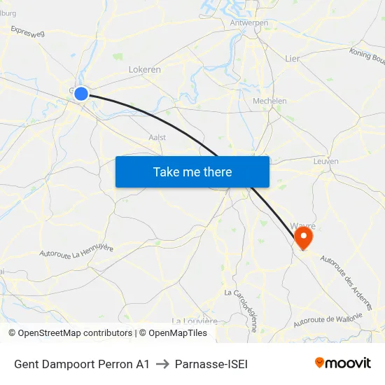 Ghent Dampoort Platform A1 to Parnasse-ISEI map