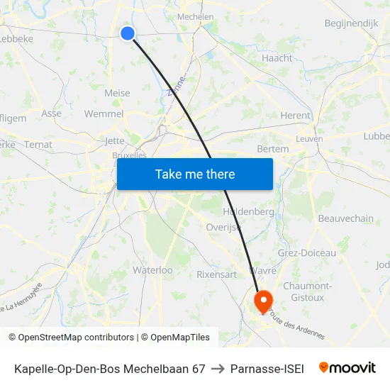 Kapelle-Op-Den-Bos Mechelbaan 67 to Parnasse-ISEI map