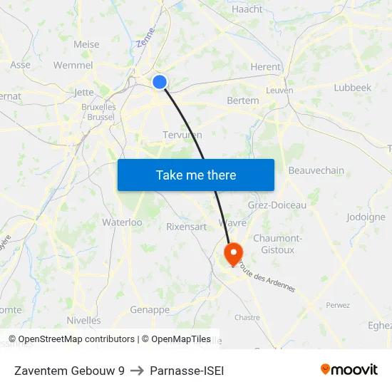 Zaventem Building 9 to Parnasse-ISEI map