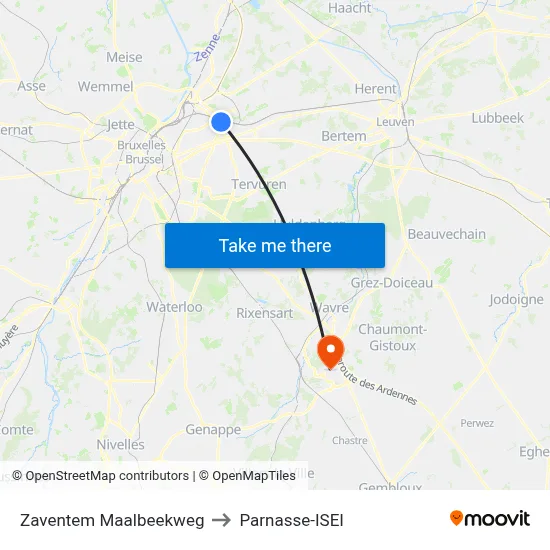 Zaventem Maalbeek Road to Parnasse-ISEI map