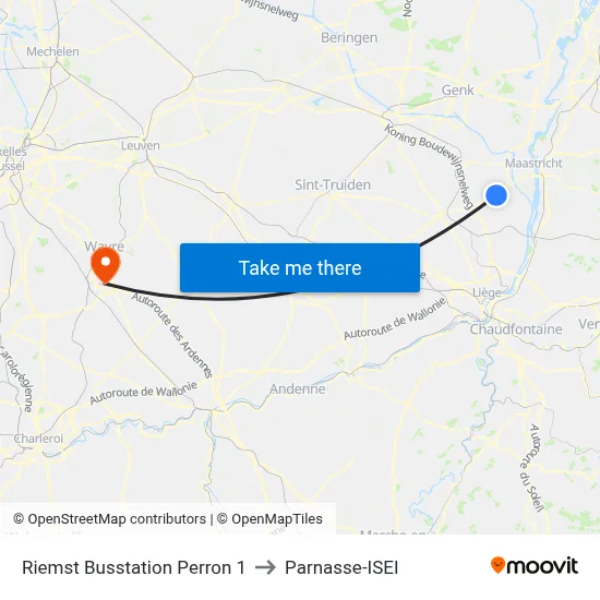 Riemst Busstation Perron 1 to Parnasse-ISEI map