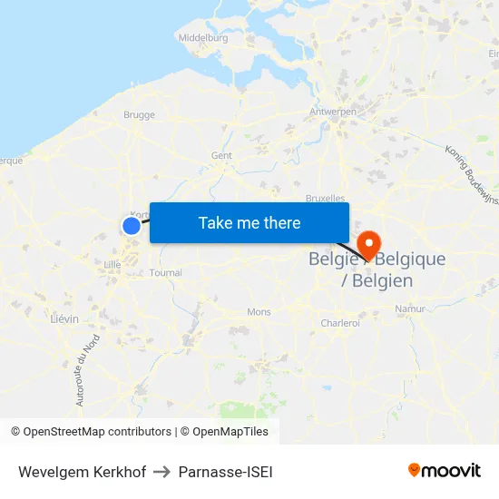 Wevelgem Cemetery to Parnasse-ISEI map