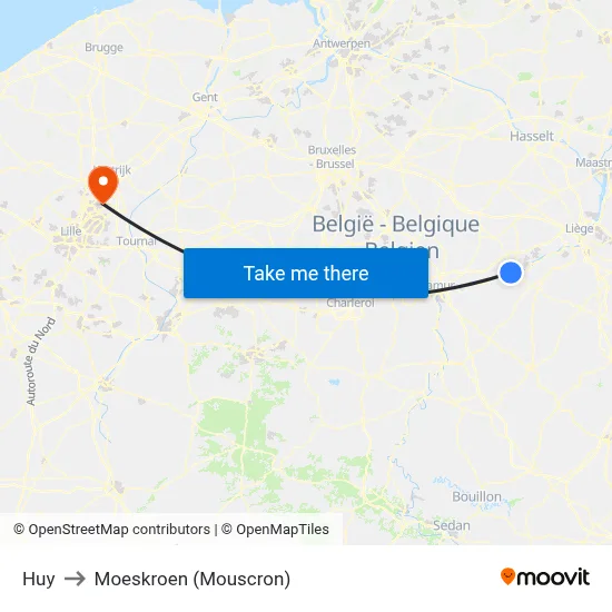 Huy to Moeskroen (Mouscron) map