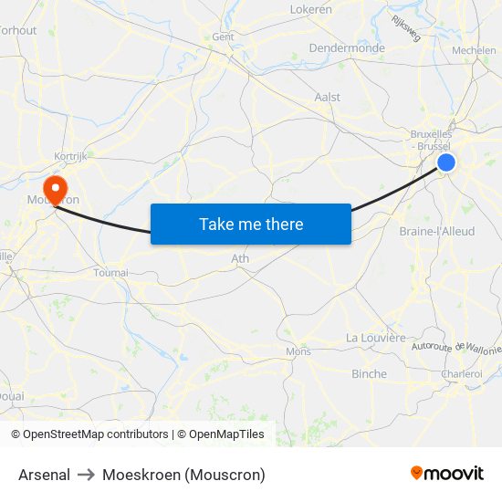 Arsenal to Moeskroen (Mouscron) map