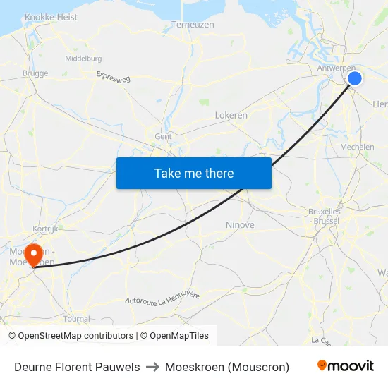 Deurne Florent Pauwels to Moeskroen (Mouscron) map