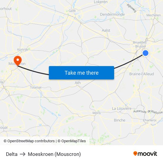 Delta to Moeskroen (Mouscron) map