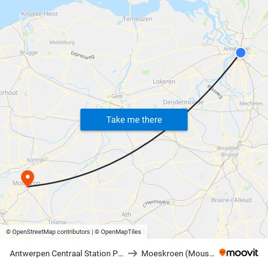 Antwerpen Centraal Station Perron 6 to Moeskroen (Mouscron) map