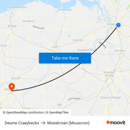 Deurne Craeybeckx to Moeskroen (Mouscron) map