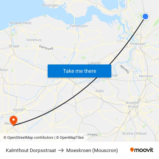 Kalmthout Dorpsstraat to Moeskroen (Mouscron) map