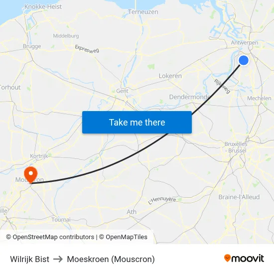 Wilrijk Bist to Moeskroen (Mouscron) map