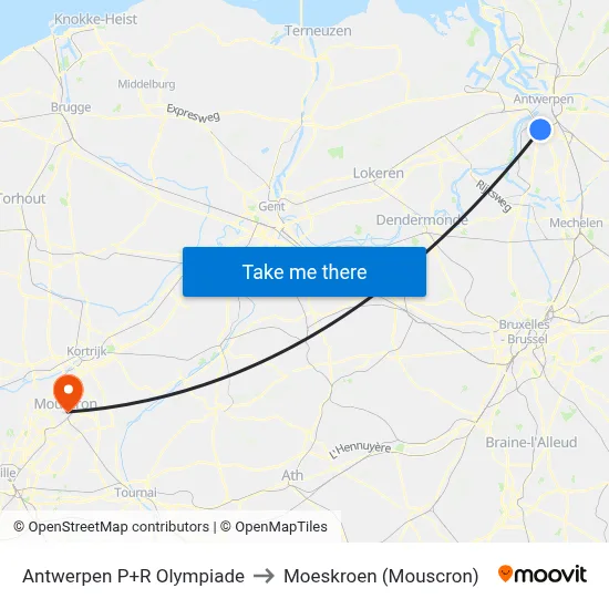 Antwerpen P+R Olympiade to Moeskroen (Mouscron) map