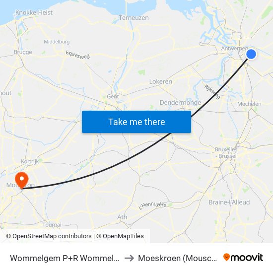 Wommelgem P+R Wommelgem to Moeskroen (Mouscron) map