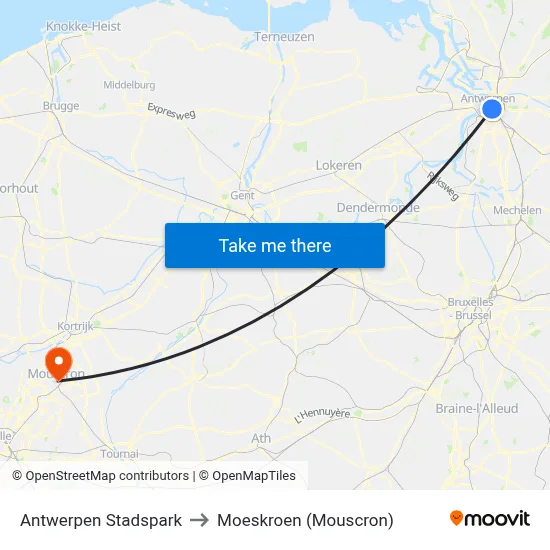 Antwerpen Stadspark to Moeskroen (Mouscron) map