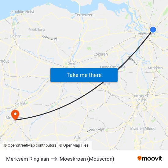 Merksem Ringlaan to Moeskroen (Mouscron) map