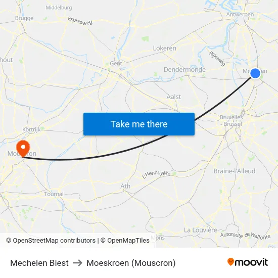 Mechelen Biest to Moeskroen (Mouscron) map