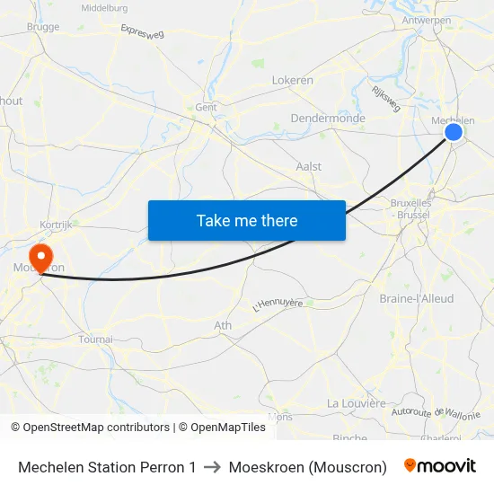 Mechelen Station Perron 1 to Moeskroen (Mouscron) map
