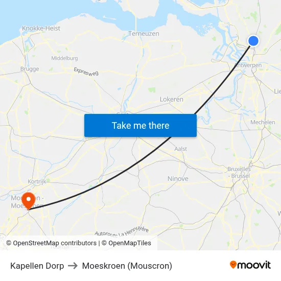 Kapellen Dorp to Moeskroen (Mouscron) map